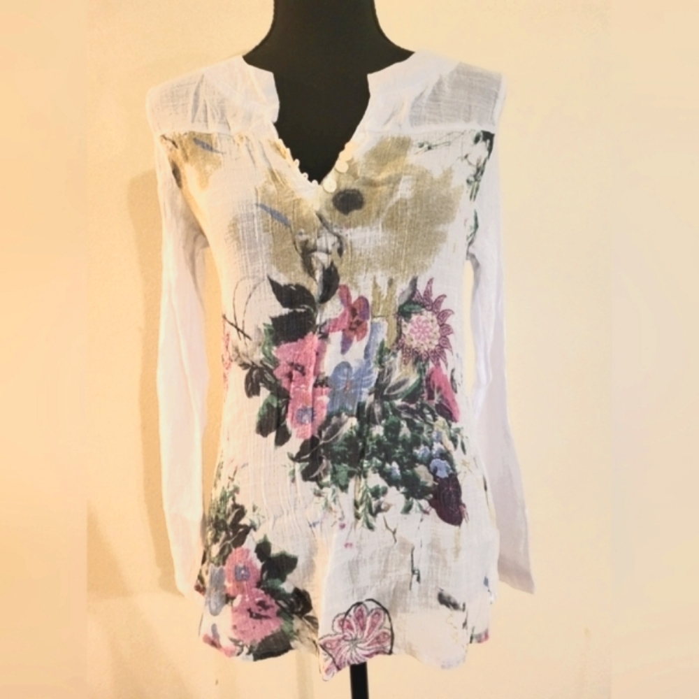 Sheer White and Pink Smocked Floral Blouse (Size‎ XL But Fits More Like A… - Picture 3 of 10